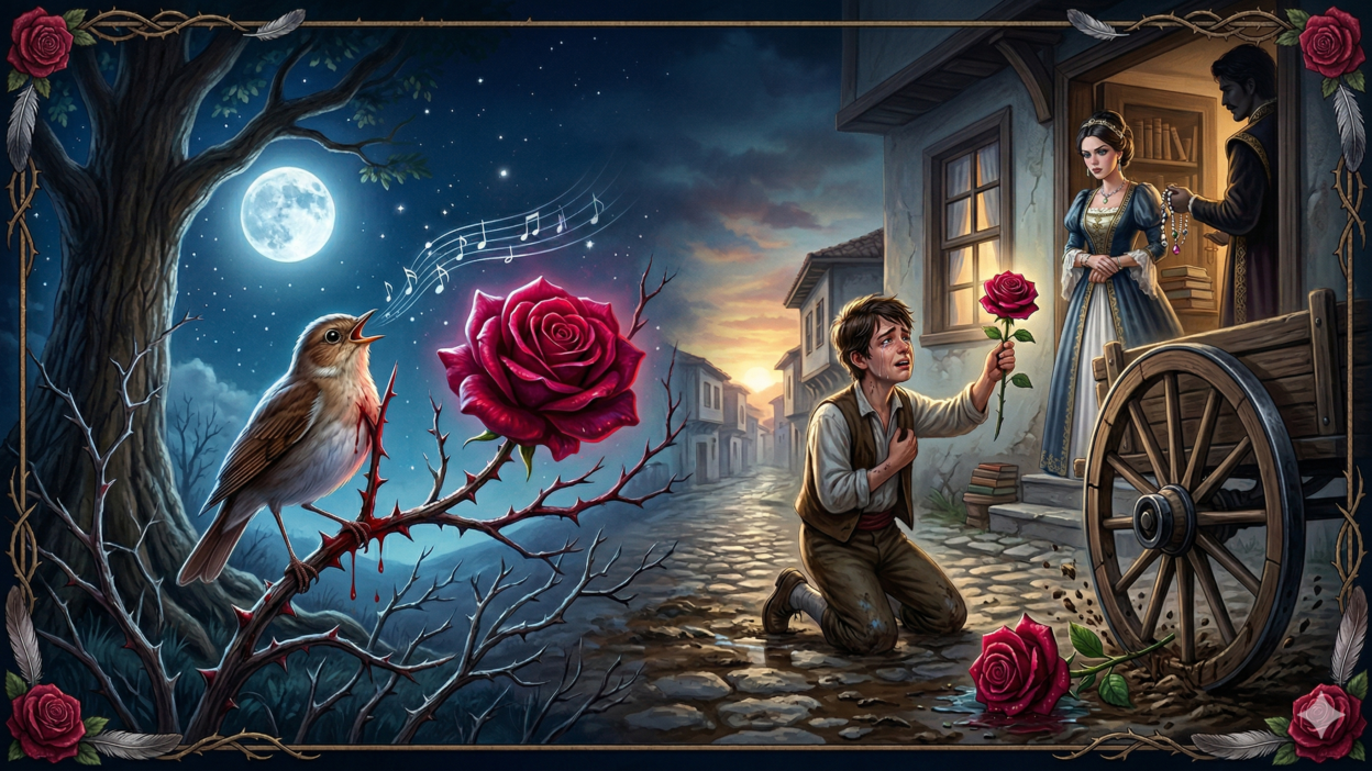 Oscar Wilde'ın Bülbül ve Gül masalında, kalbinin kanıyla kırmızı bir gül yaratan bülbülün hüzünlü ve duygusal sahnesi.