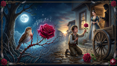 Oscar Wilde'ın Bülbül ve Gül masalında, kalbinin kanıyla kırmızı bir gül yaratan bülbülün hüzünlü ve duygusal sahnesi.