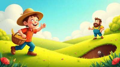 Köstebeğin Kökeni 4 Colorful children's book cover showing a happy poor farmer with a basket of golden wheat on a lush green field, a worried rich man on barren land, and a small mole peeking from a hole, whimsical storybook style illustration.