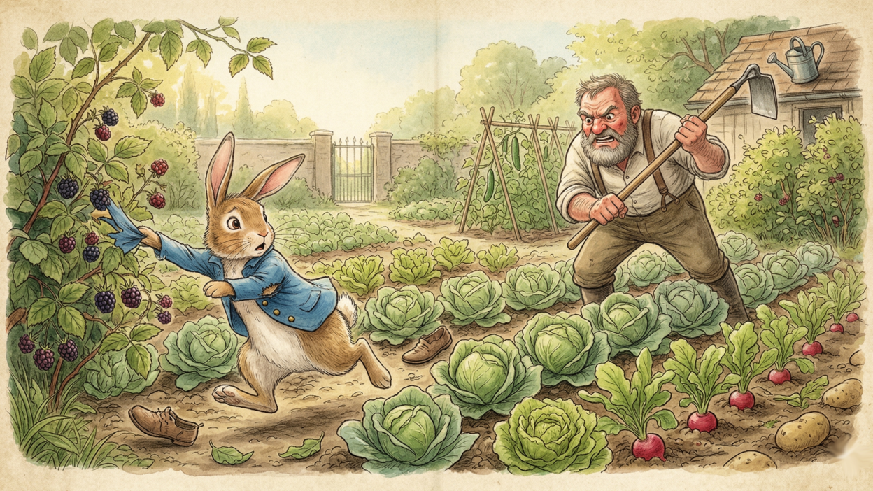Mavi ceketli yaramaz Tavşan Peter'ın, Bay McGregor'un sebze bahçesinde lahanalar ve turplar arasından koşarak kaçışını gösteren klasik masal çizimi.