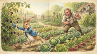 Mavi ceketli yaramaz Tavşan Peter'ın, Bay McGregor'un sebze bahçesinde lahanalar ve turplar arasından koşarak kaçışını gösteren klasik masal çizimi.