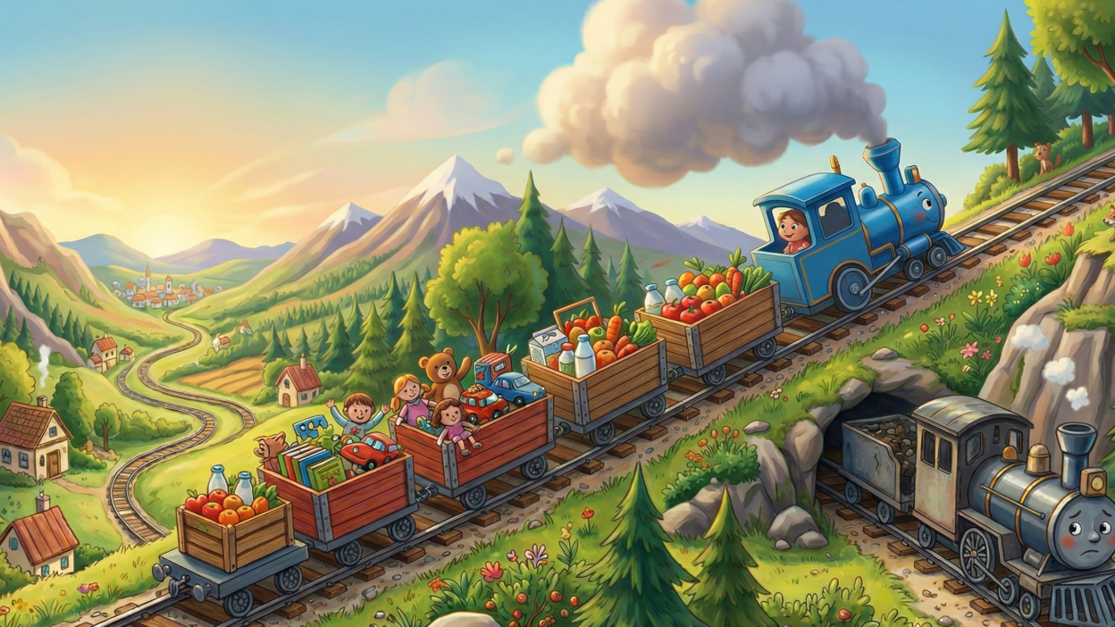 Vagonlarında oyuncaklar taşıyan Küçük Mavi Tren'in sarp dağlara tırmandığı eğitici tren masalı çizimi.