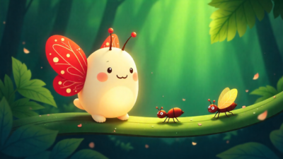 Uğur Böceği Masalı 4 Lumi adlı sevimli uğur böceğinin karınca ve kelebek arkadaşlarıyla renkli bir ormanda macera yaşadığı çocuk kitabı illüstrasyonu