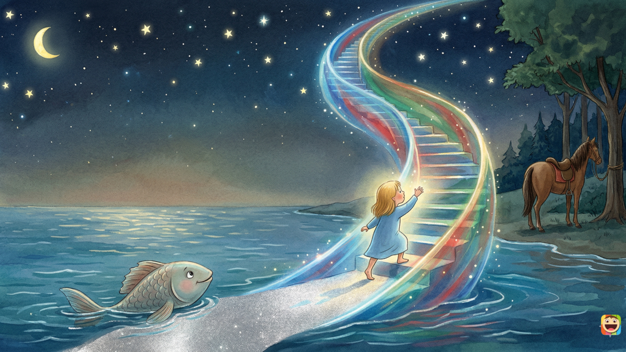 Yıldız masalı dinleyen çocuklar için gökyüzüne ve yıldızlara uzanan ışıklı merdivene tırmanan küçük kız, denizde balık ve orman kıyısında at illüstrasyonu.